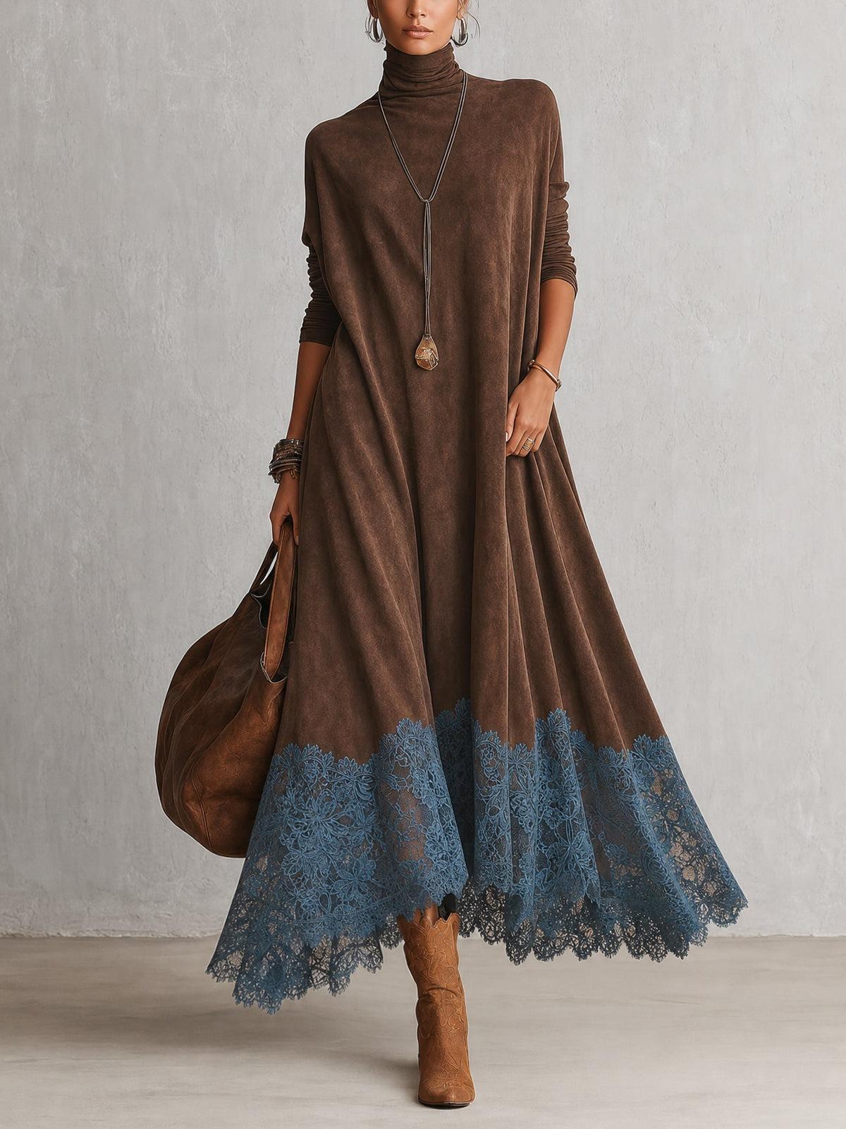 Deborah™ | Elegant Suede-Look Maxi Dress with Lace Hem