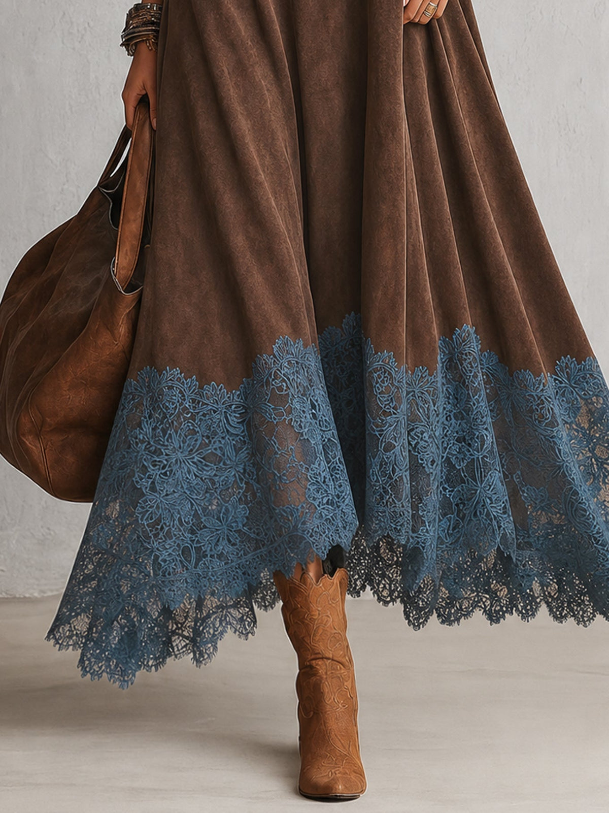 Deborah™ | Elegant Suede-Look Maxi Dress with Lace Hem