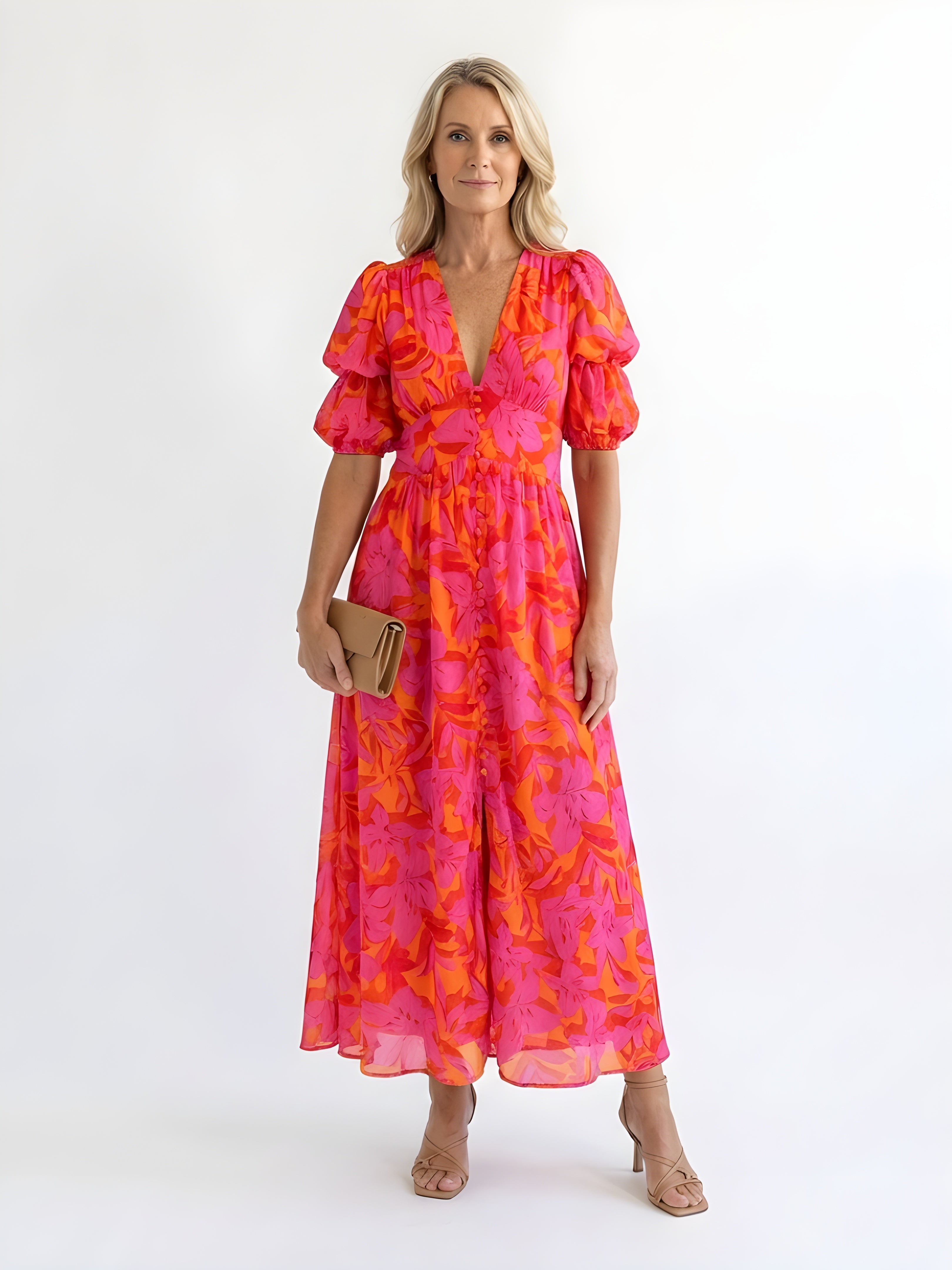 Samara | Floral V-Neck Puff Sleeve Midi Dress