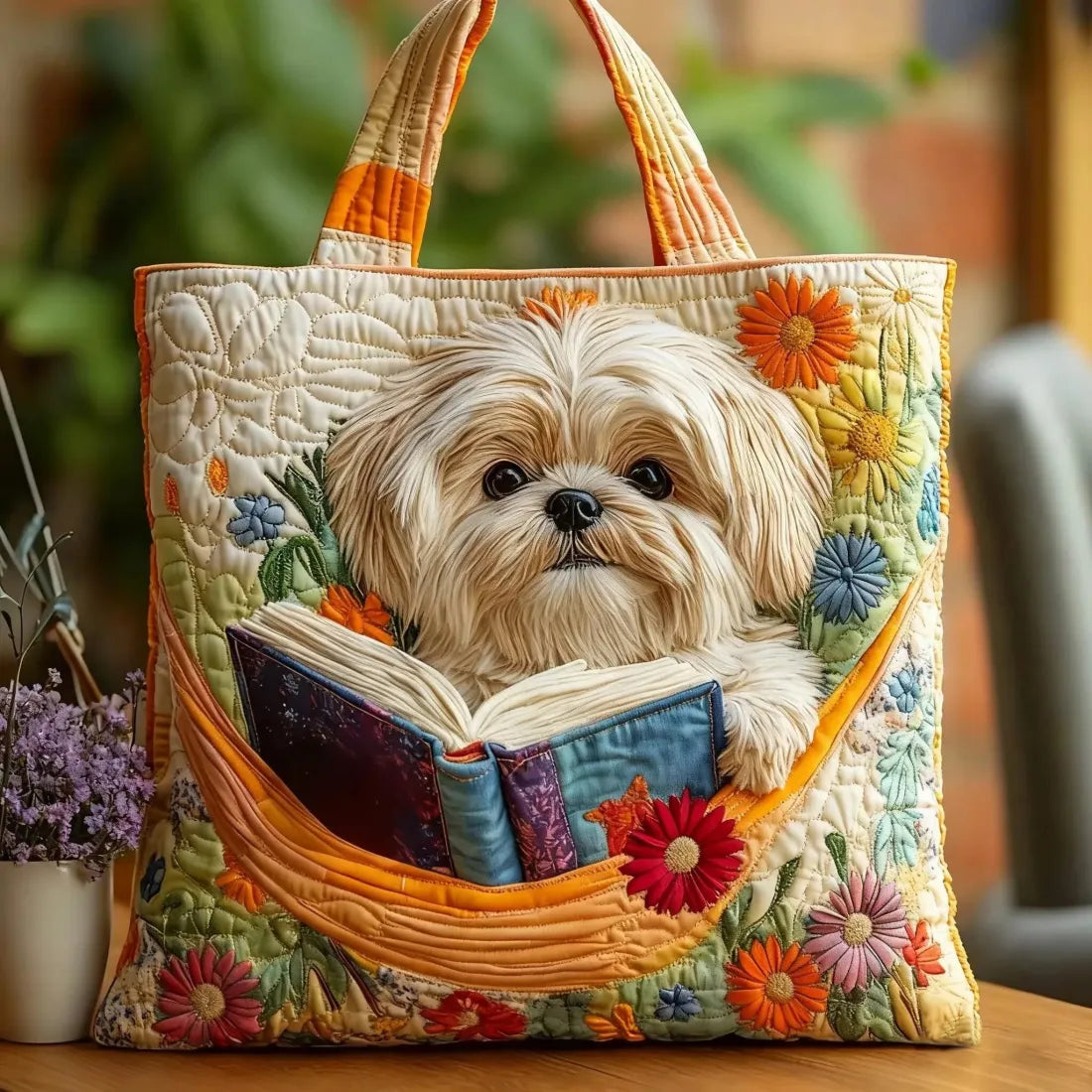 Shih Tzu Artisan Tote Bag with Books and Flowers