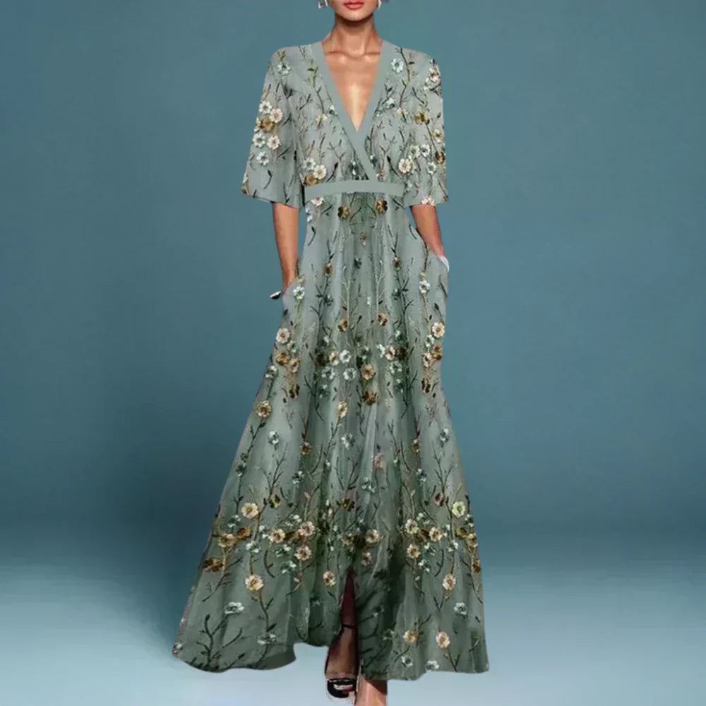 Hazel™ | Floral Maxi Dress with Belt and V-Neck