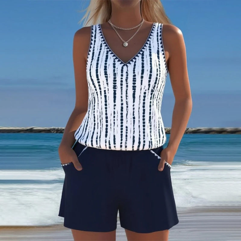 Casual Two-Piece Swimsuit with Pockets and V-Neck Print