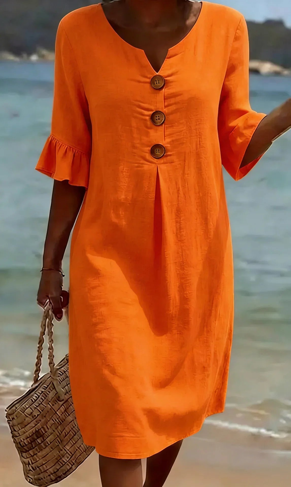 Vanesa™ | Linen Texture Dress with Puff Sleeves and Buttons
