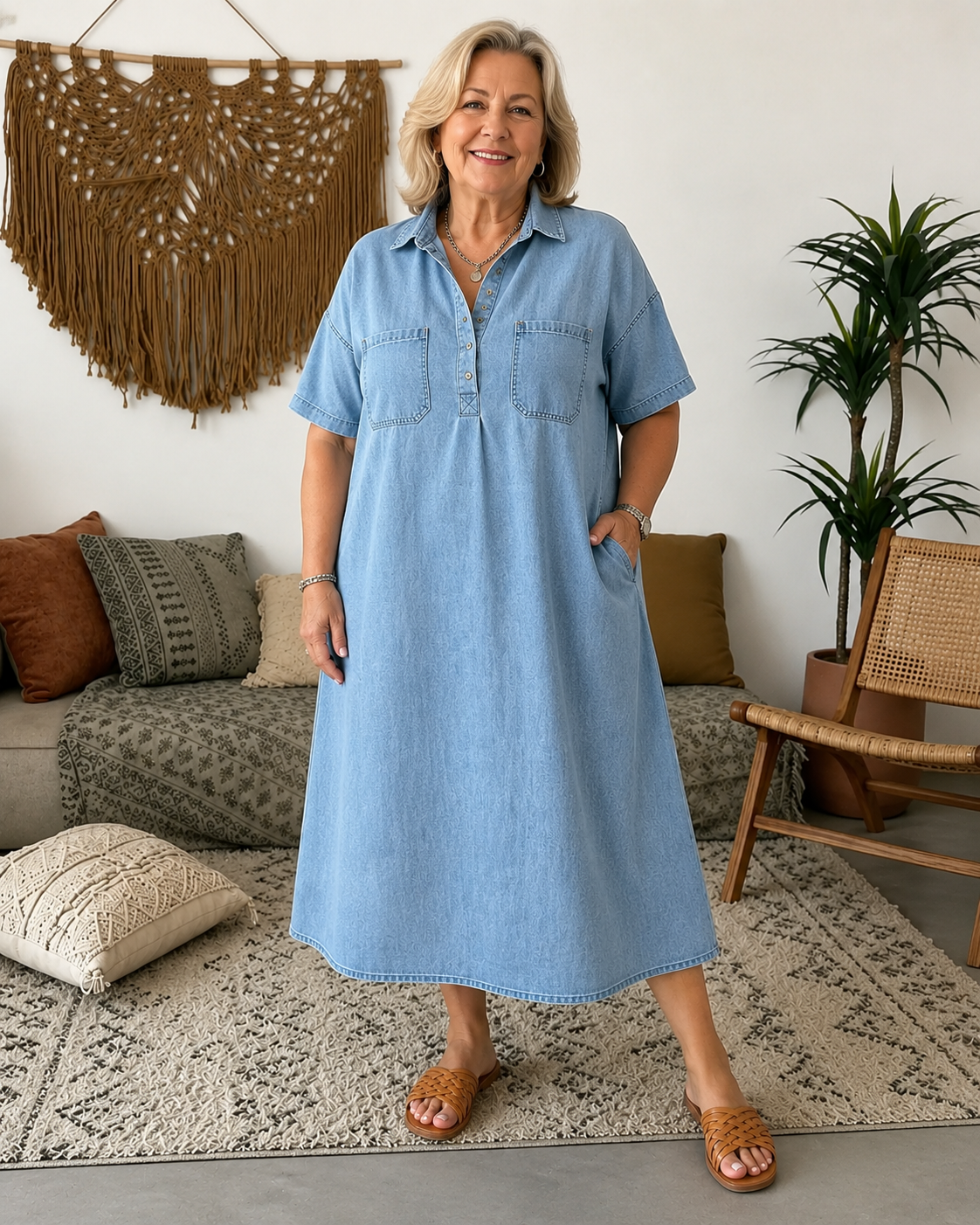 Chelsea™ | Tummy-Covering Denim Shirt Midi Dress