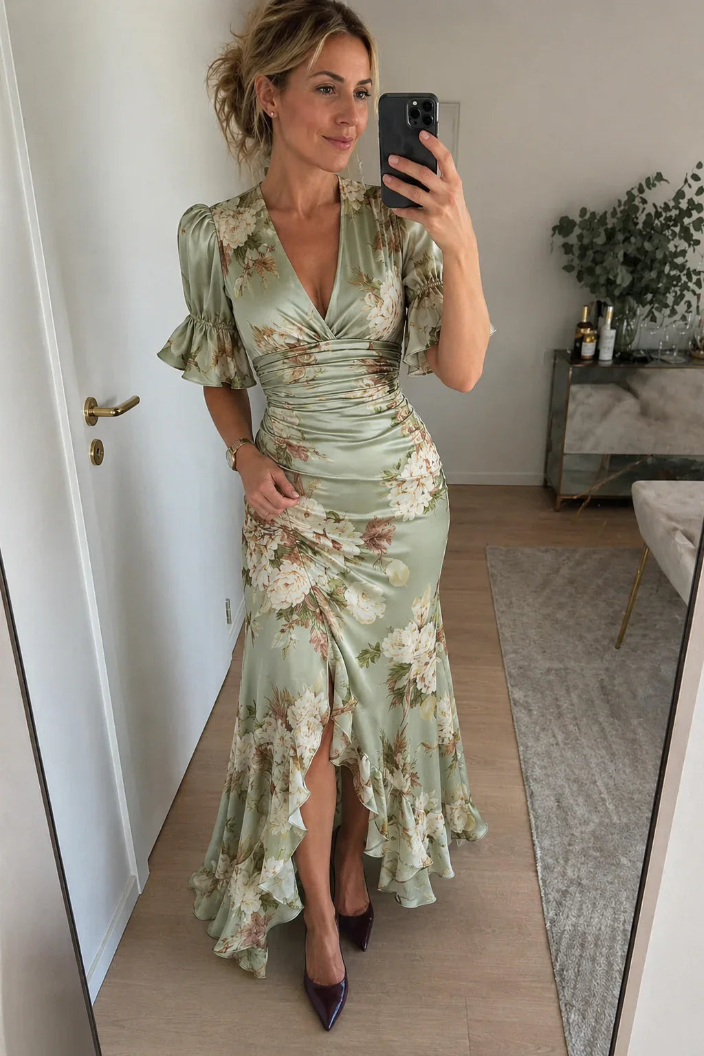 Lucía | Asymmetrical Long Satin Dress with Floral Print
