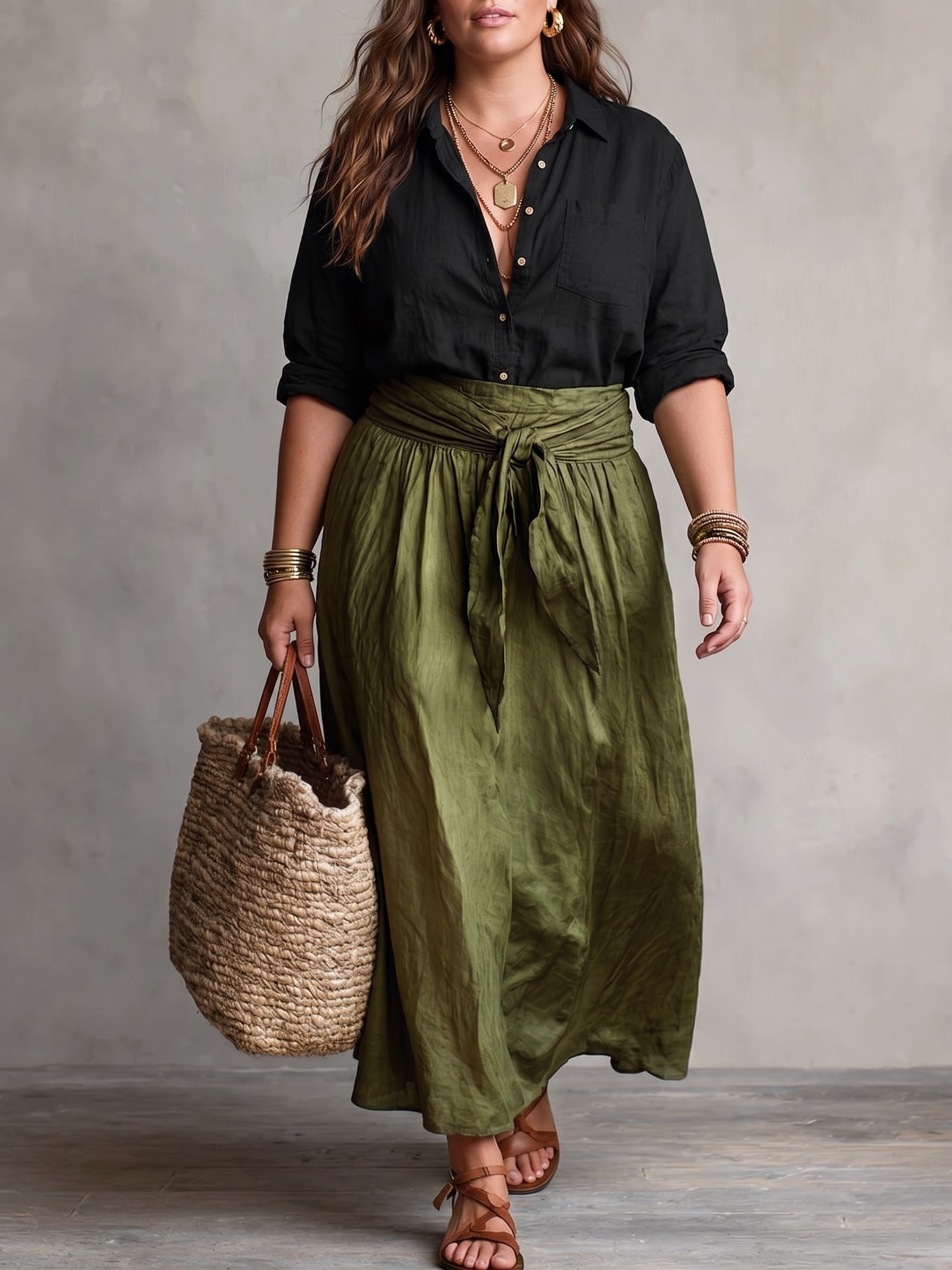 VERA™ - ELEGANT TWO-PIECE SUMMER SET: BLACK BLOUSE & OLIVE SKIRT