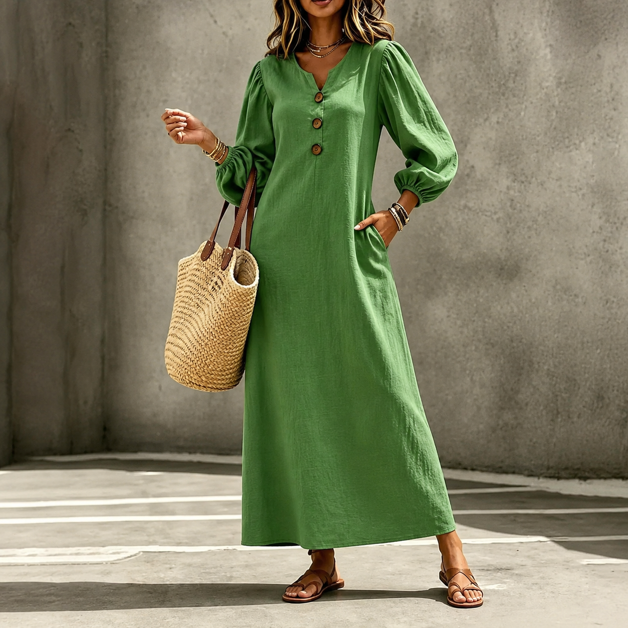 Stella™ | Tummy-Flattering Maxi Dress with V-Neck and Pockets
