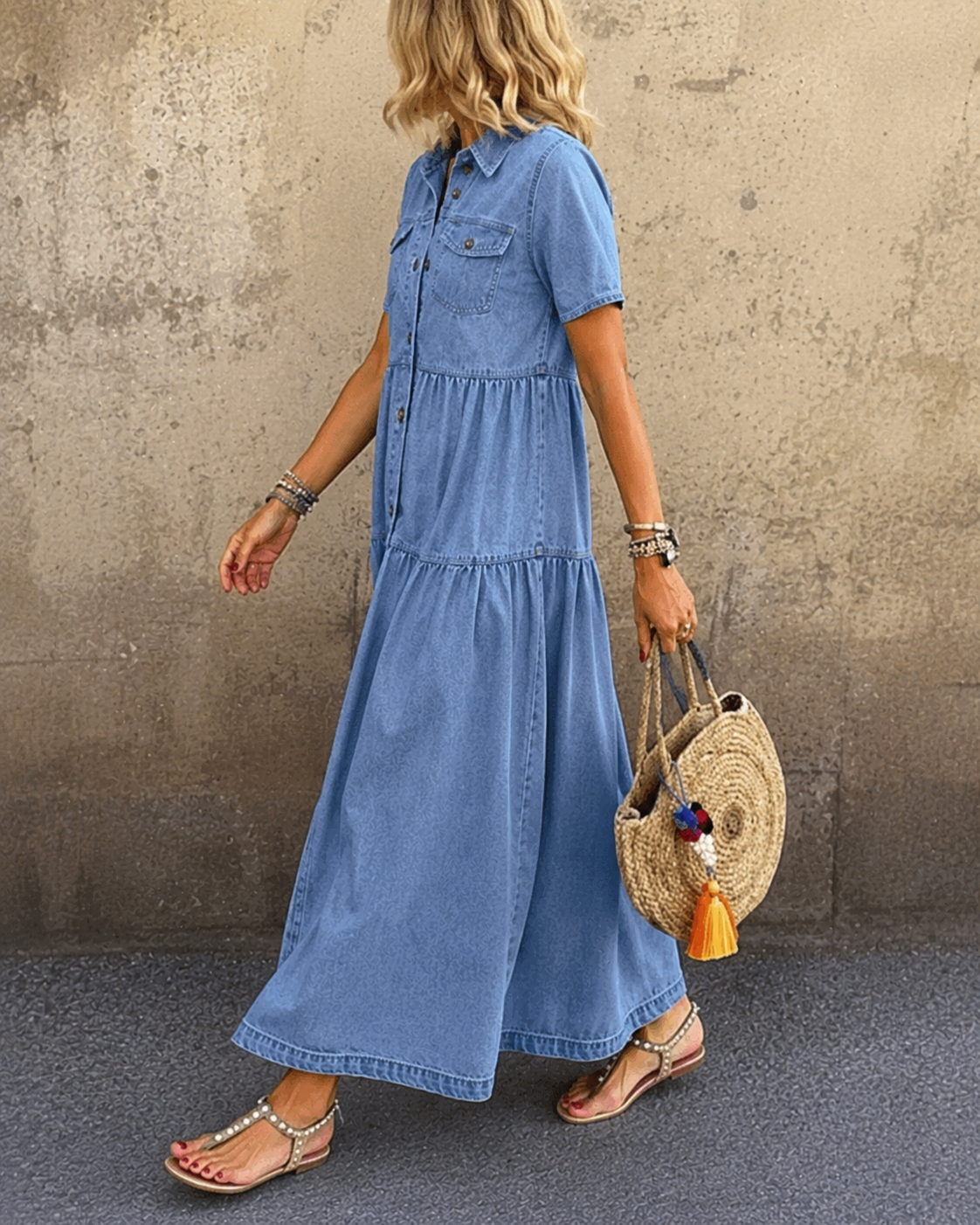 Grace™ | Belly-covering Denim Midi Dress with Buttons