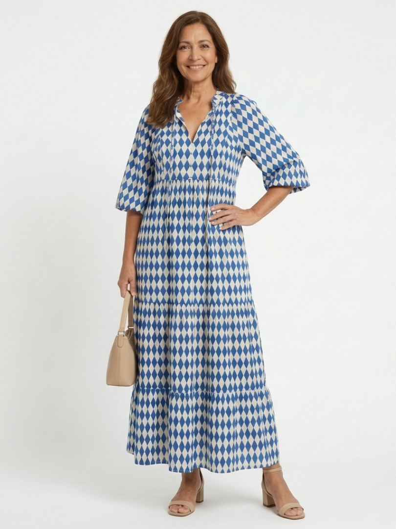 Elodie™ | Tummy-Flattering Diamond Print Midi Dress