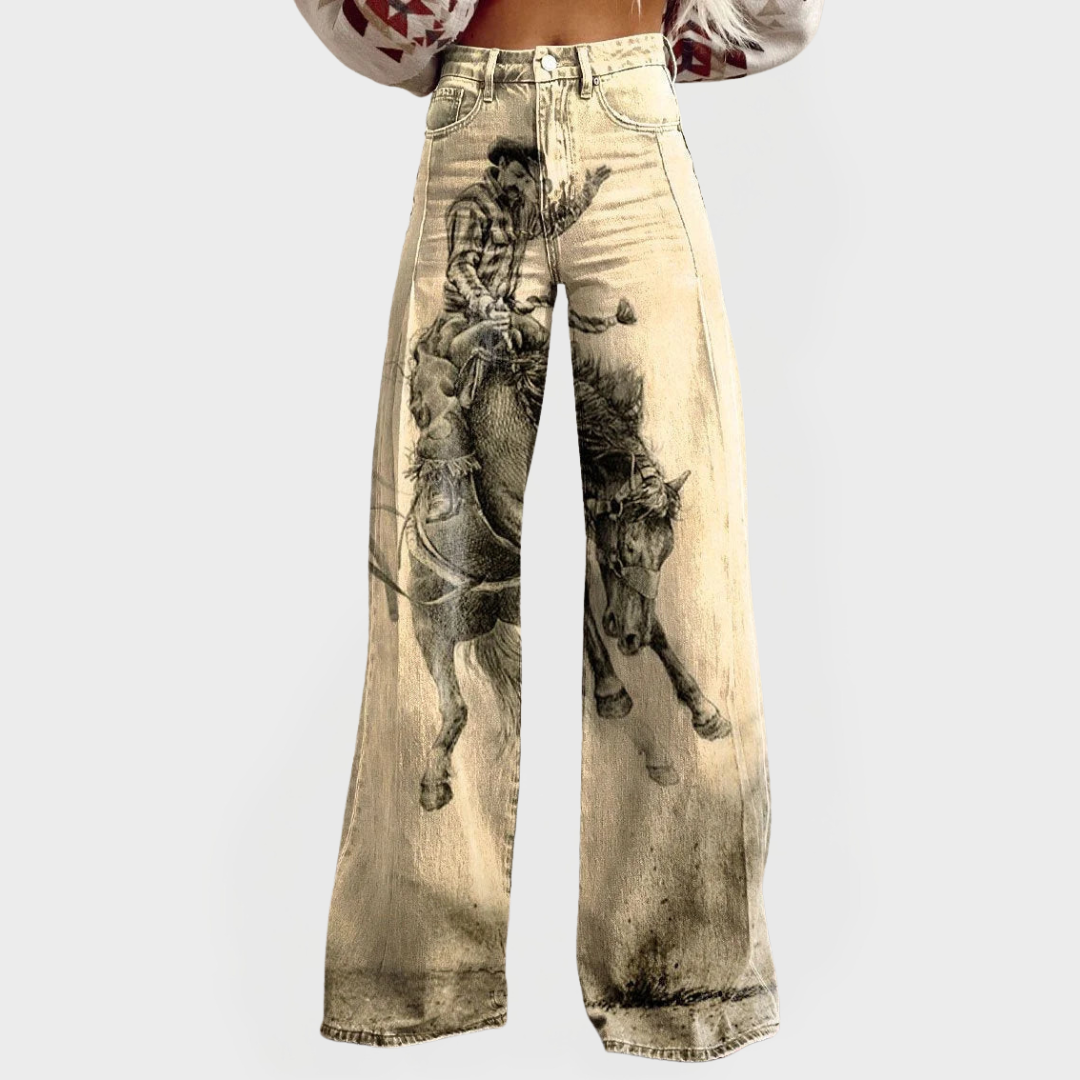 Fashionable wide-leg jeans with pattern