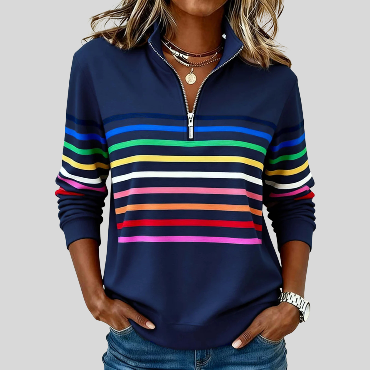Susan™ | Colorful Striped Sweater with Quarter Zip 2