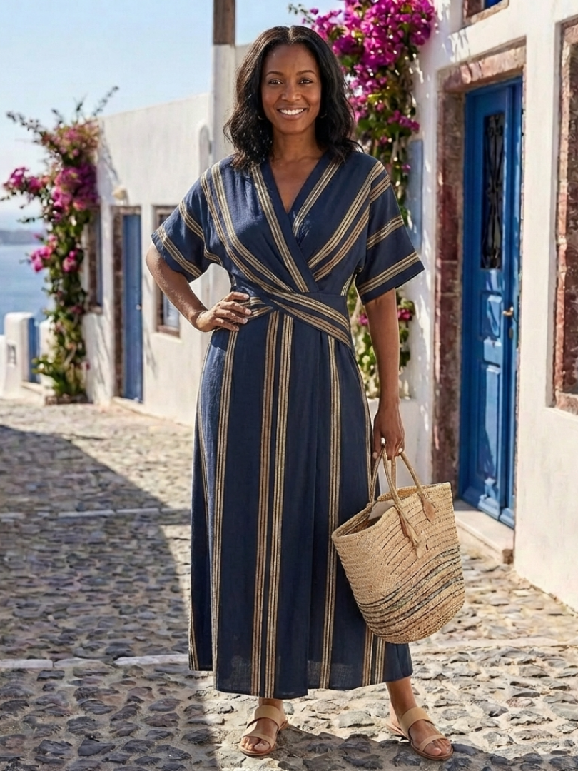 Nora™ | Tummy-Flattering Striped Wrap Midi Dress