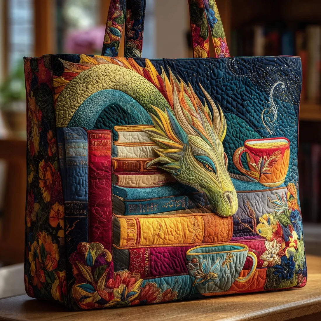 Artisanal Dragon Shoulder Bag with Books and Mugs