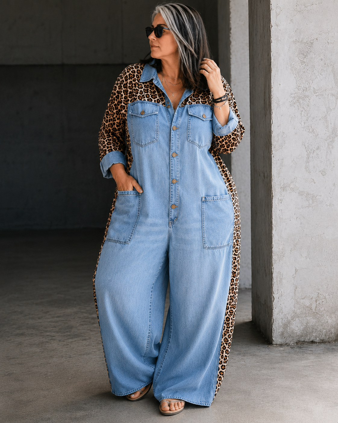 Aven™ | Denim-Look Jumpsuit With Leopard Print