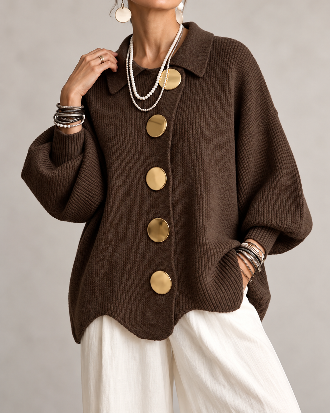 Brenda™ | Oversized Knit Cardigan with Collar and Statement Buttons
