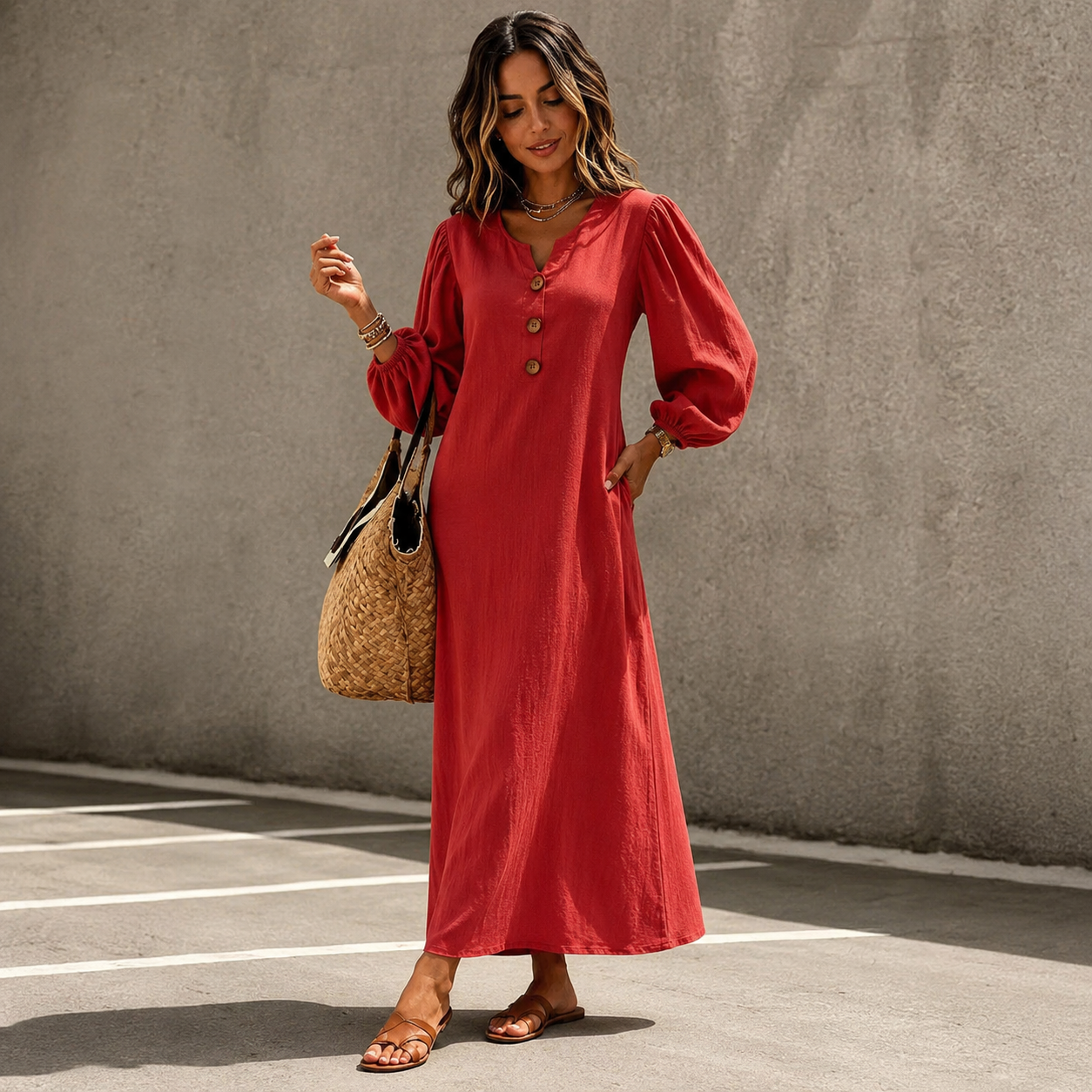 Stella™ | Tummy-Flattering Maxi Dress with V-Neck and Pockets