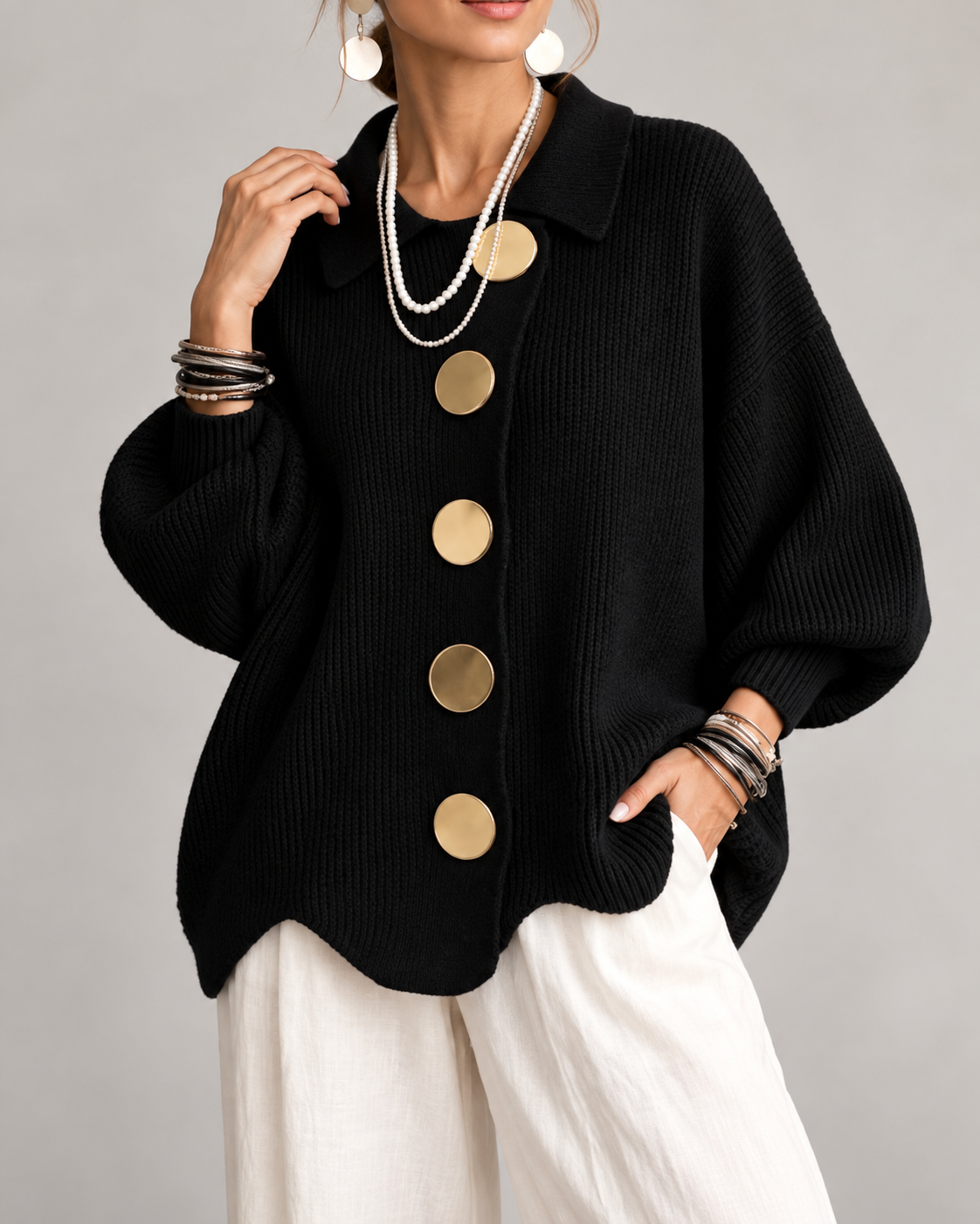 Brenda™ | Oversized Knit Cardigan with Collar and Statement Buttons