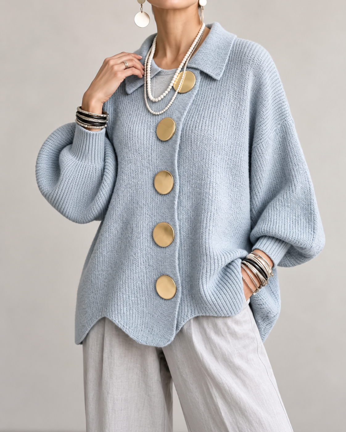 Brenda™ | Oversized Knit Cardigan with Collar and Statement Buttons