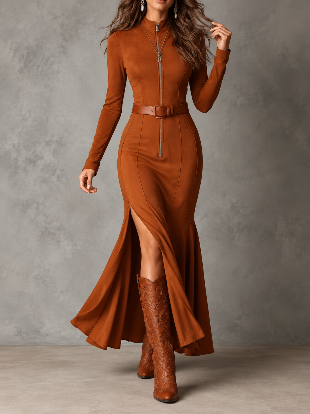 Nancy™ | Suede-Look Maxi Dress with Belt