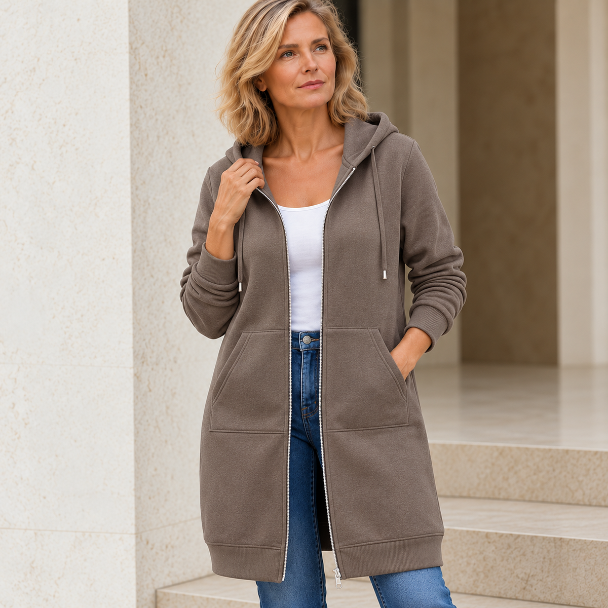 Donna™ | Long Fleece Jacket with Hood and Zip