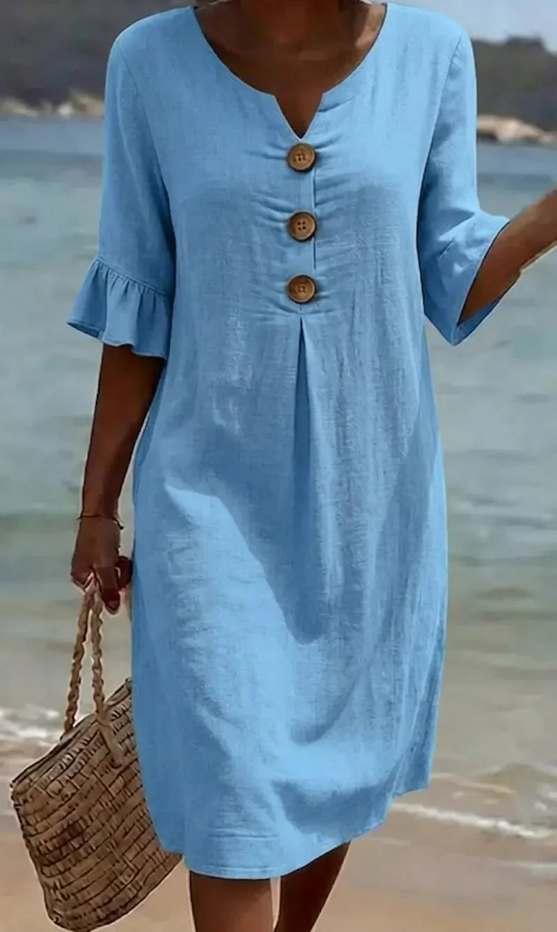Vanesa™ | Linen Texture Dress with Puff Sleeves and Buttons