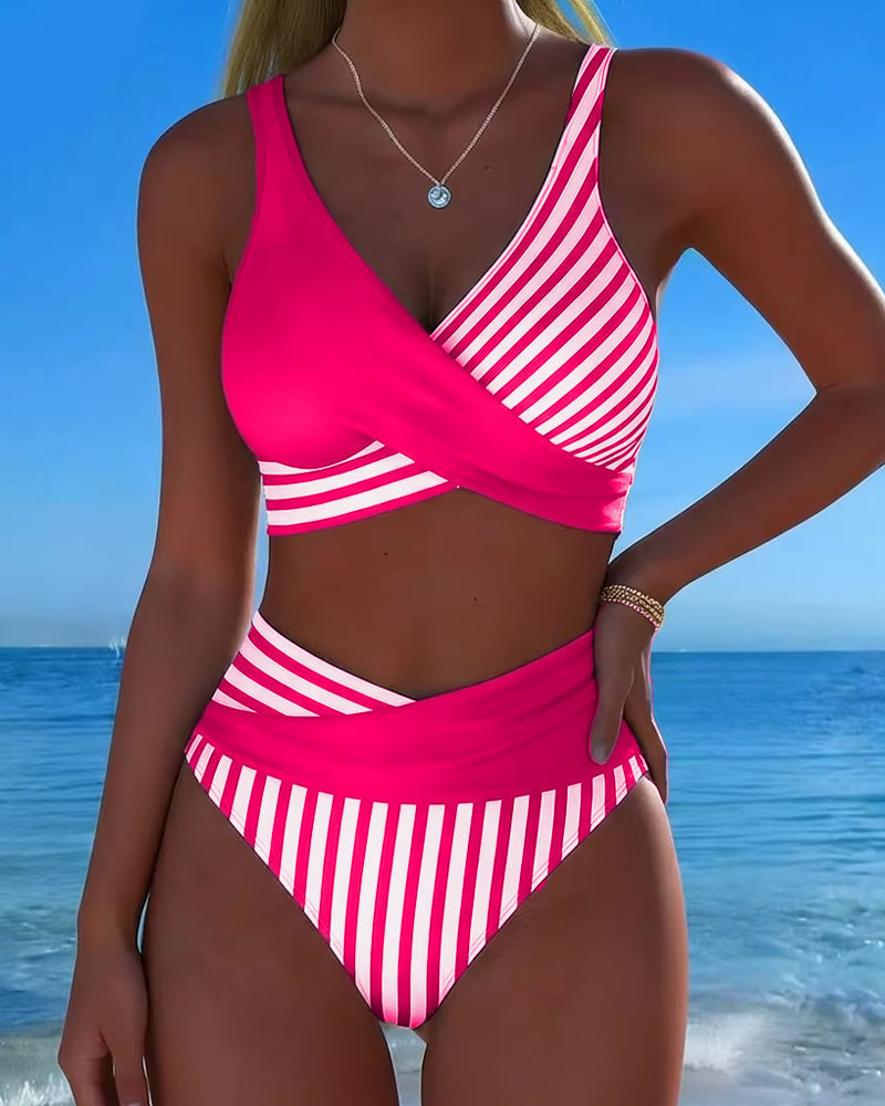Striped Printed Cross Bikini