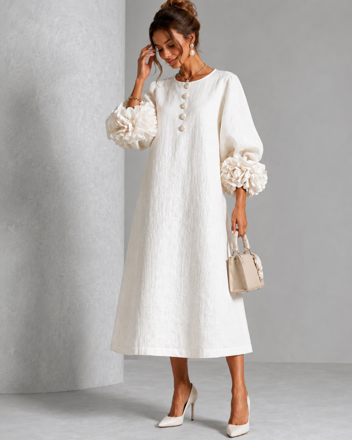 Lily™ | Elegant Tummy-Flattering Midi Dress with Floral Sleeves