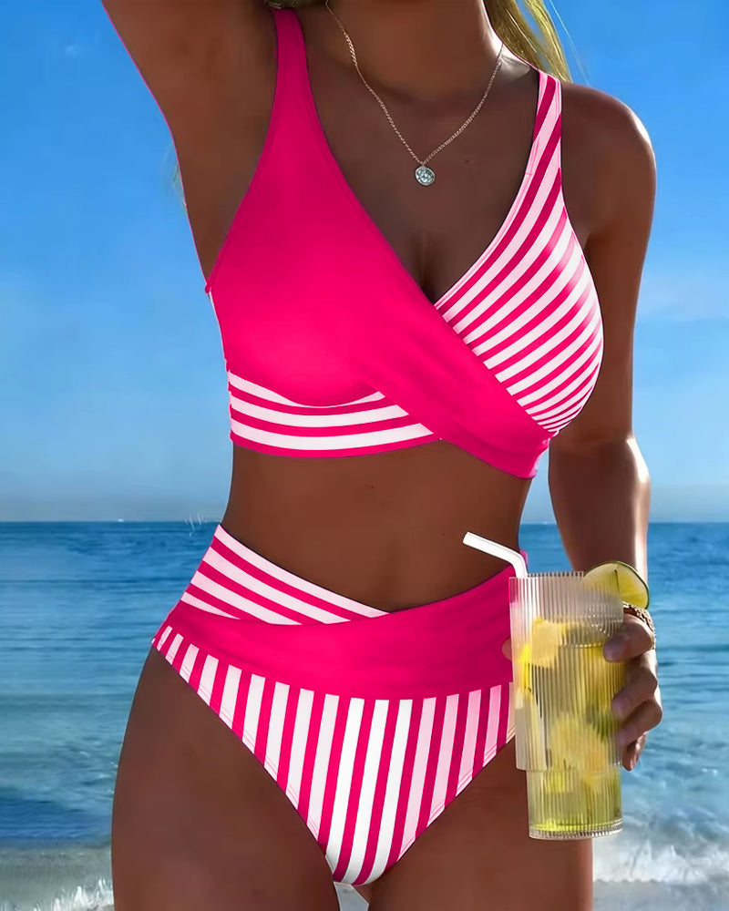Striped Printed Cross Bikini
