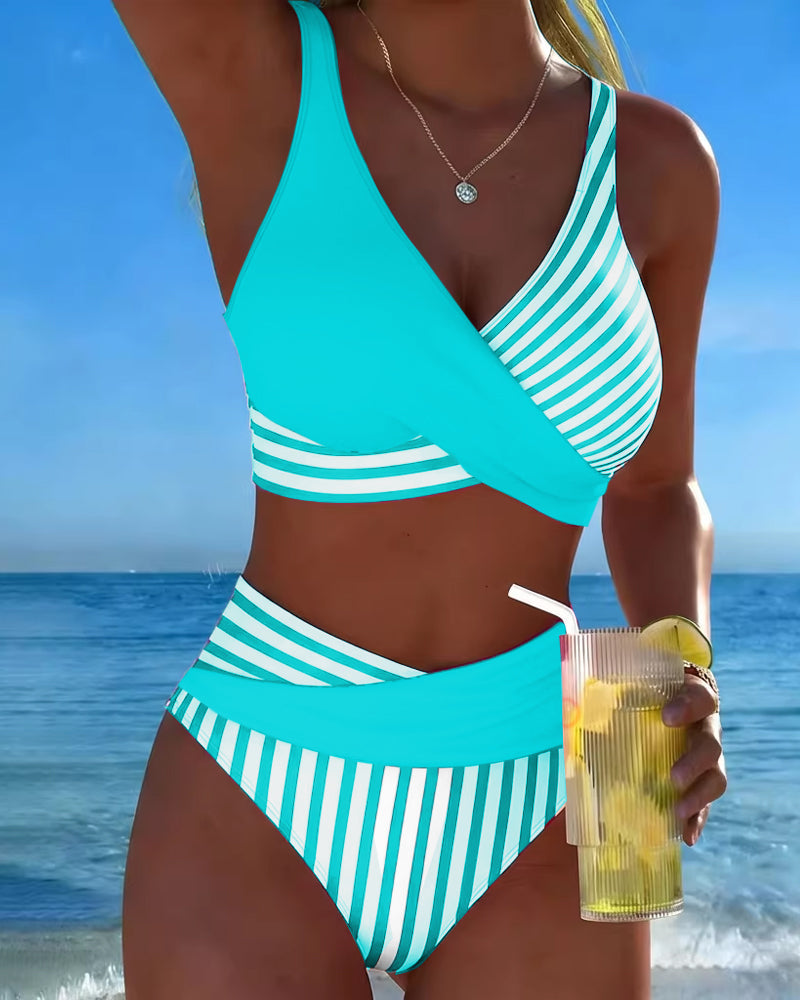 Striped Printed Cross Bikini
