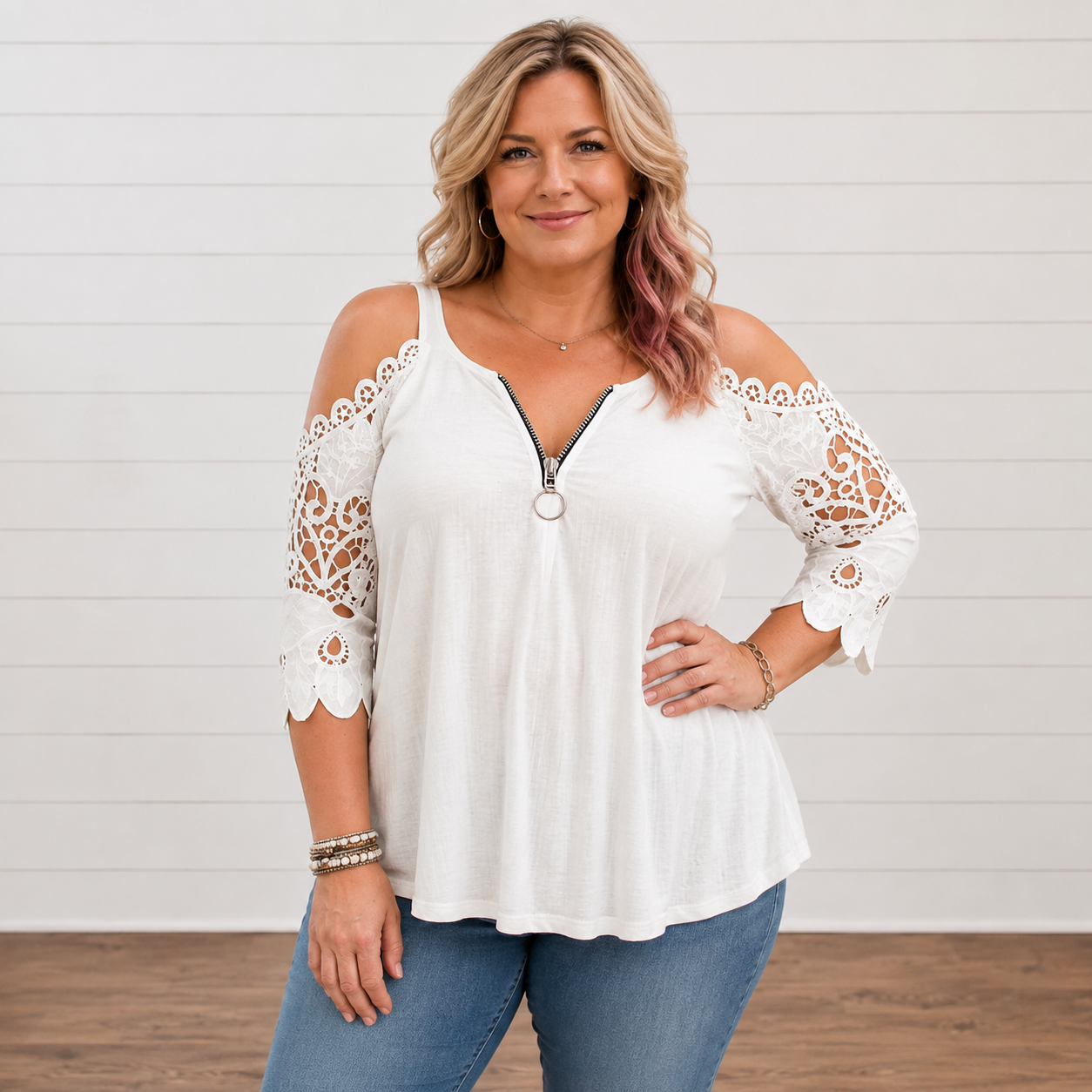 Brooklyn™ | Elegant Tummy-Flattering Lace Off-Shoulder Top with Zip