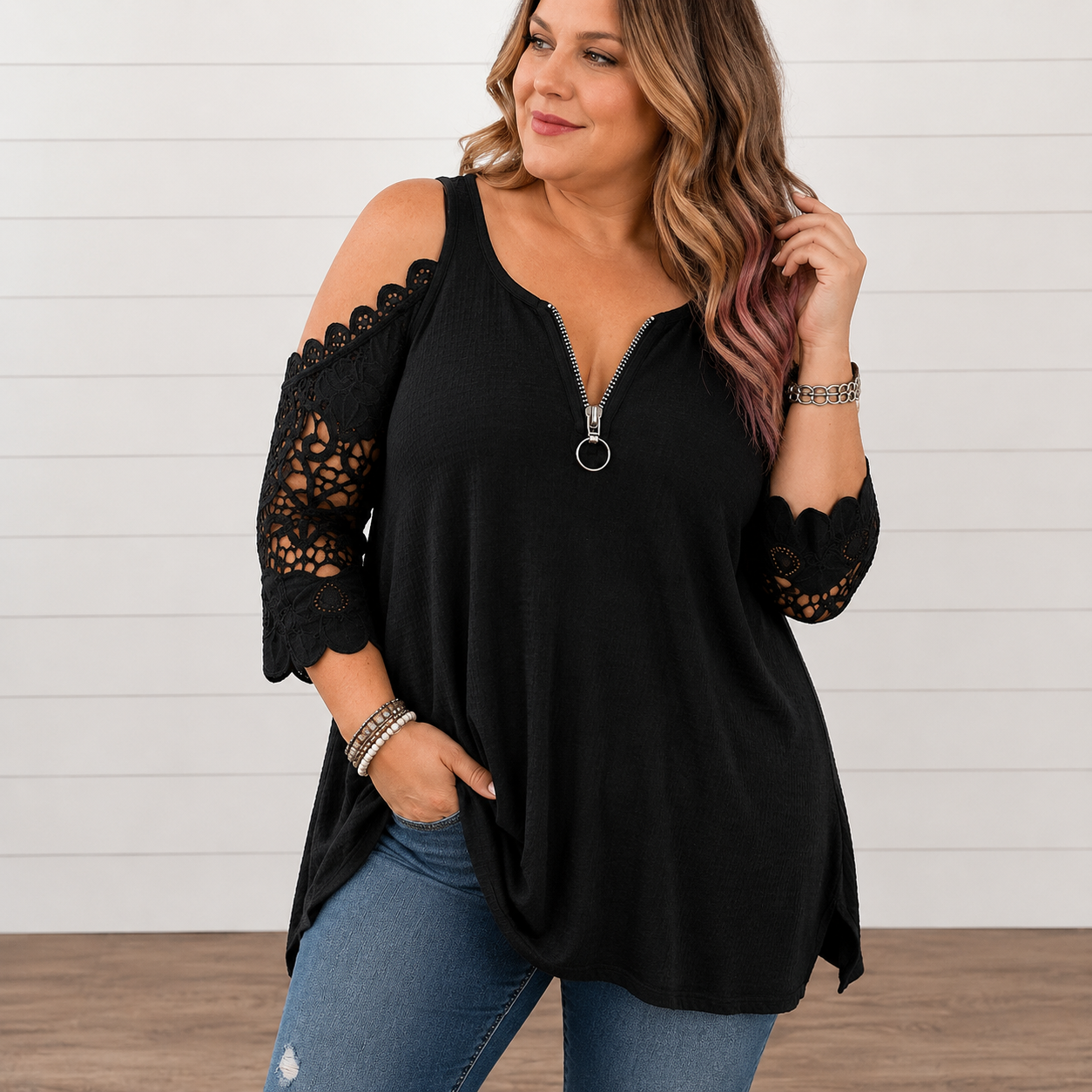 Brooklyn™ | Elegant Tummy-Flattering Lace Off-Shoulder Top with Zip