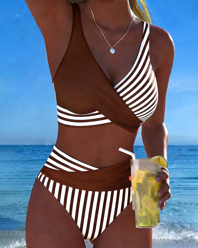 Striped Printed Cross Bikini