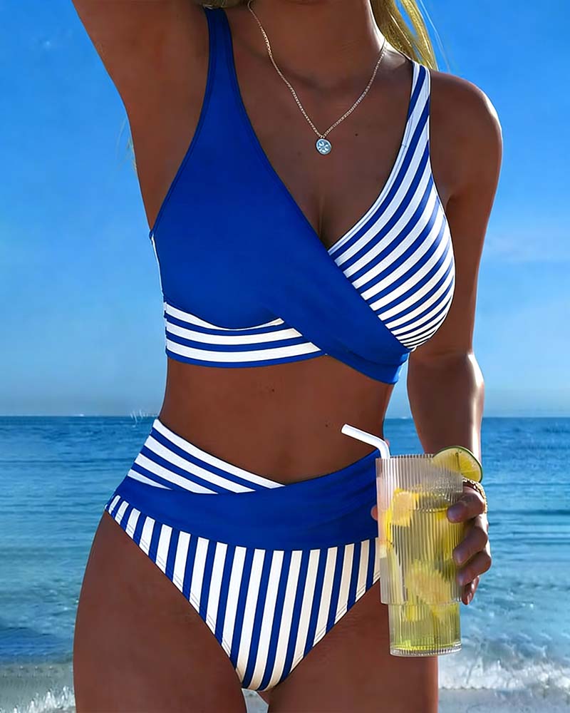 Striped Printed Cross Bikini