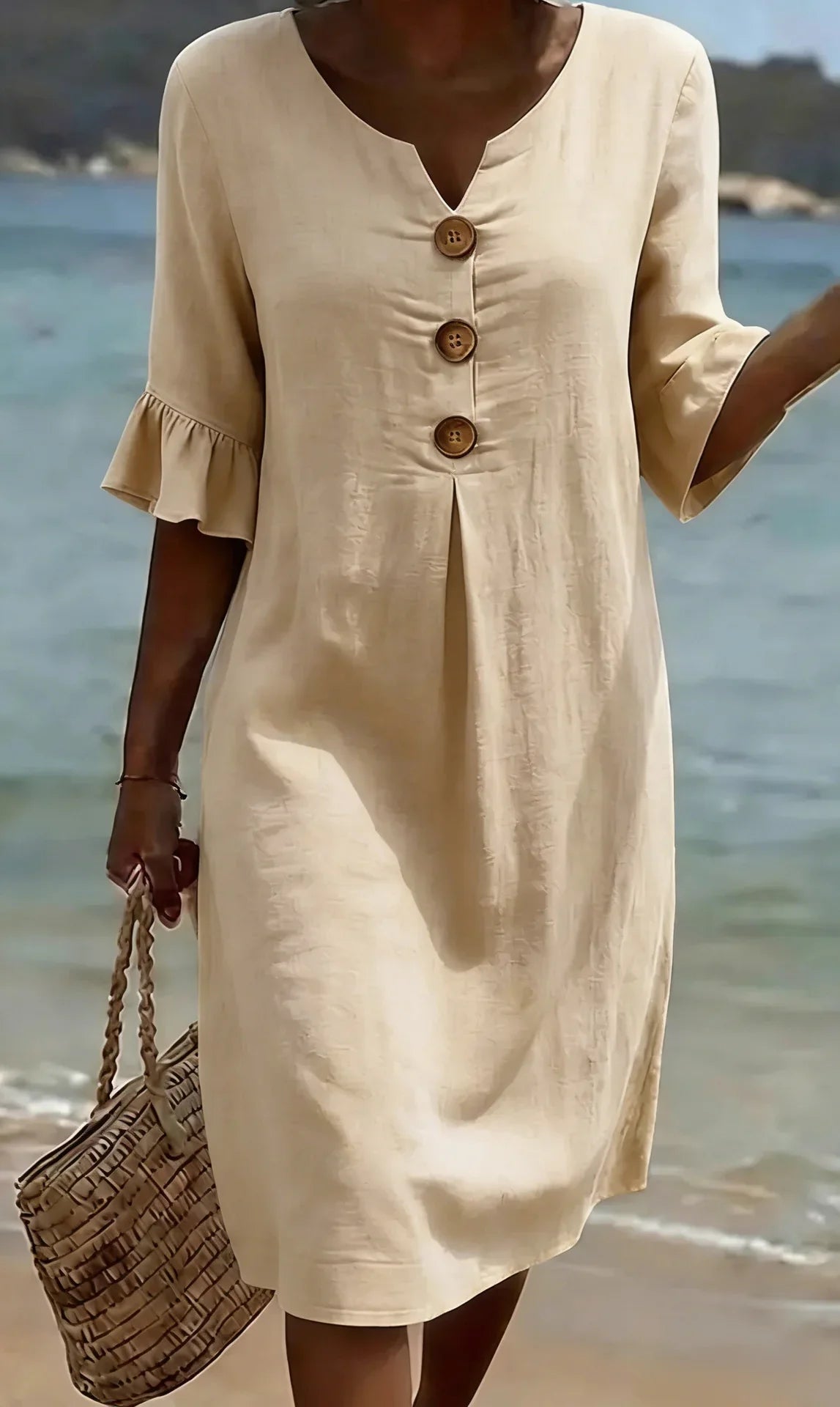 Vanesa™ | Linen Texture Dress with Puff Sleeves and Buttons