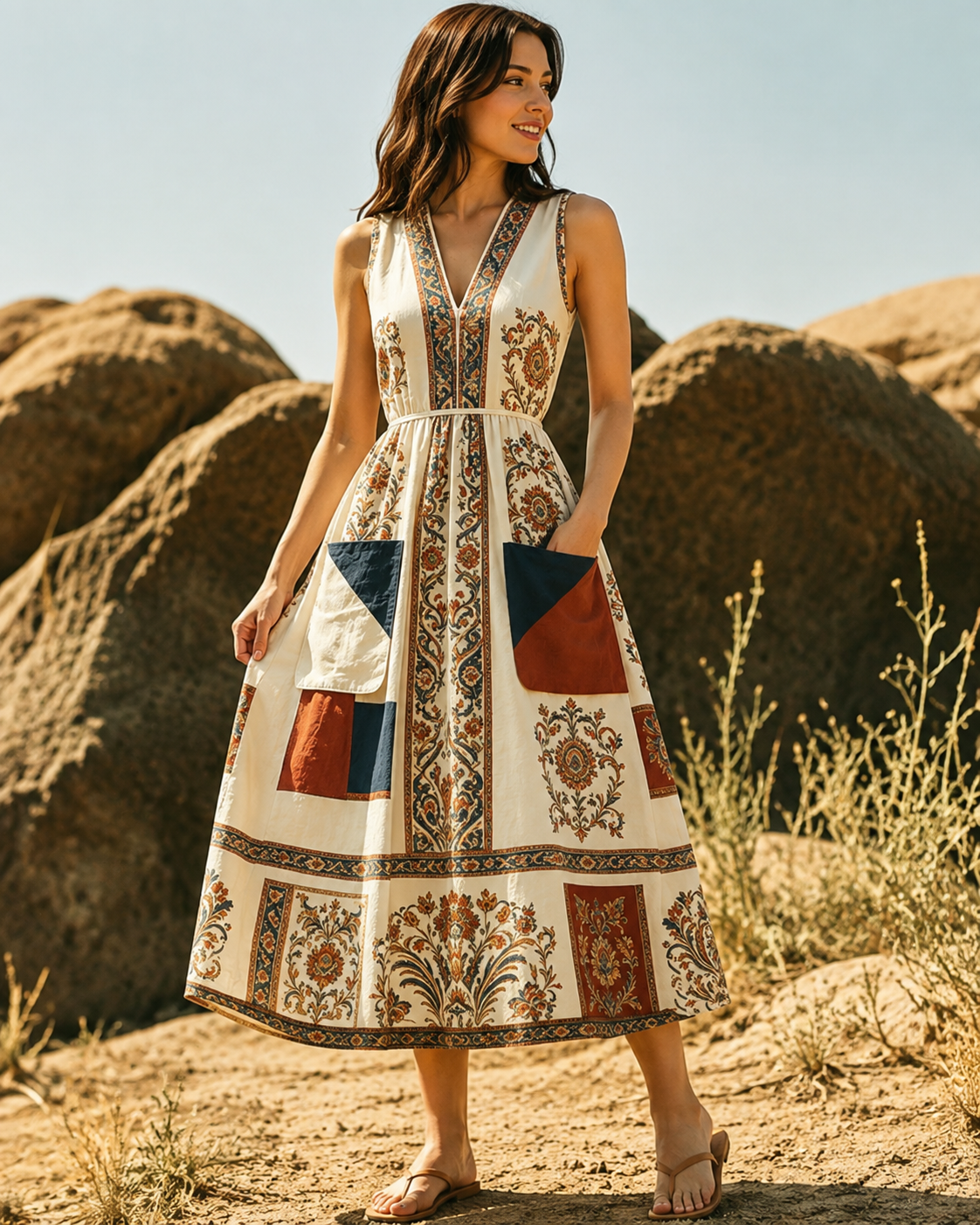 Paisley™ | Vintage Patchwork Tummy-Flattering Midi Dress