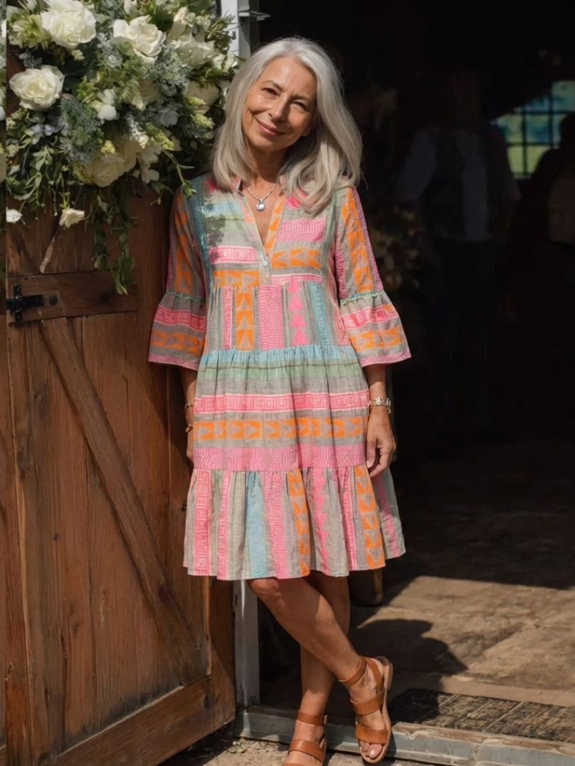 Maelle™ | Tummy-Flattering Geometric Knee-Length Dress