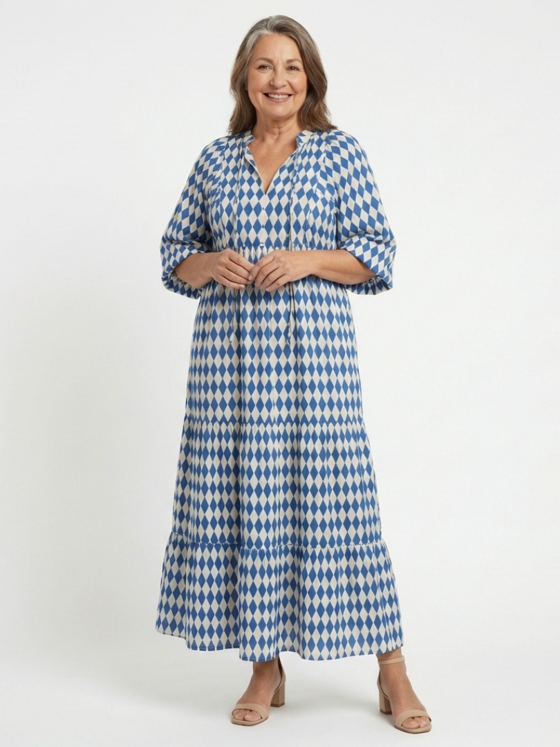 Elodie™ | Tummy-Flattering Diamond Print Midi Dress