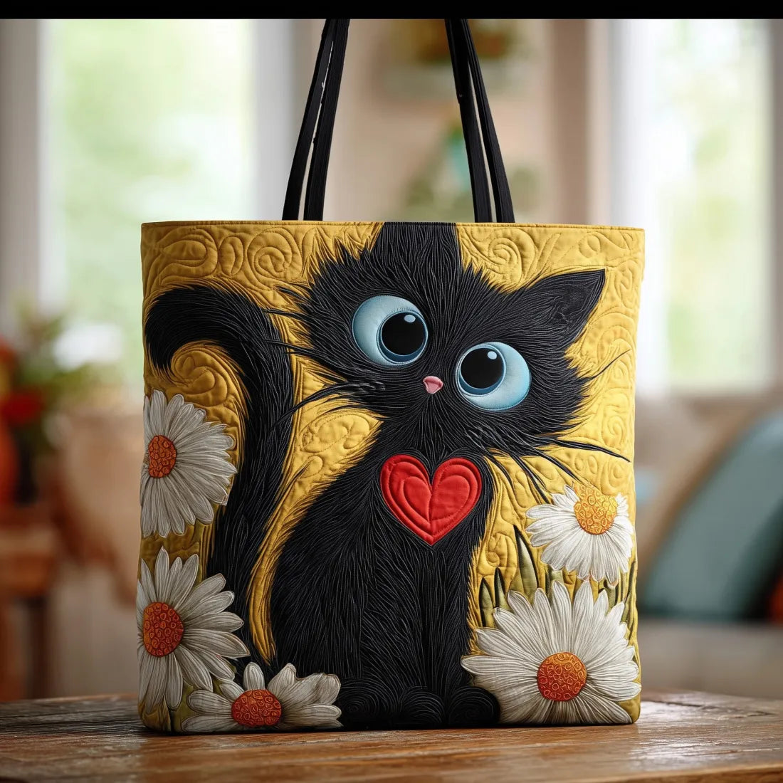 Black Cat Artisan Tote Bag with Heart and Daisies