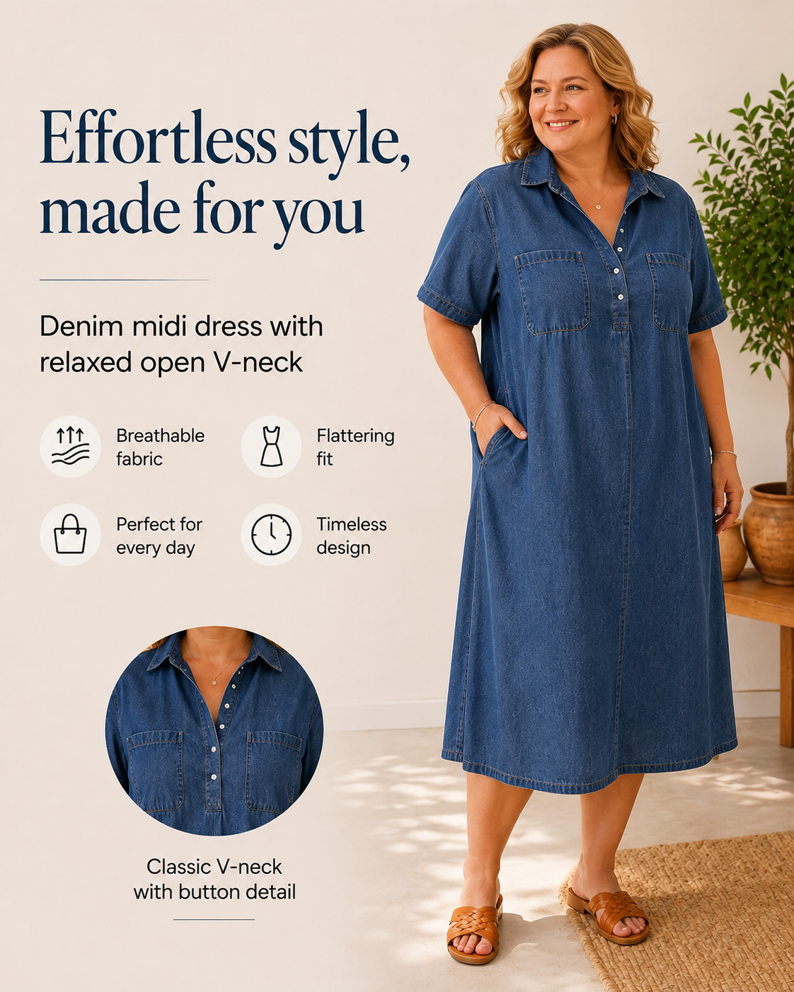 Chelsea™ | Tummy-Covering Denim Shirt Midi Dress