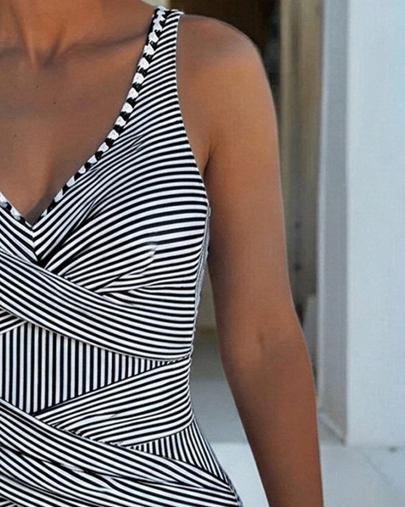 Striped V-Neck One-Piece