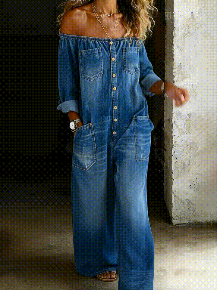 Elena™ | Denim Jumpsuit with Off-the-Shoulder Design
