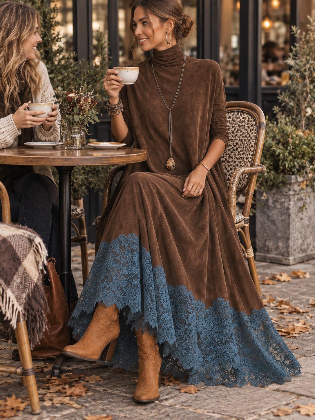 Deborah™ | Elegant Suede-Look Maxi Dress with Lace Hem
