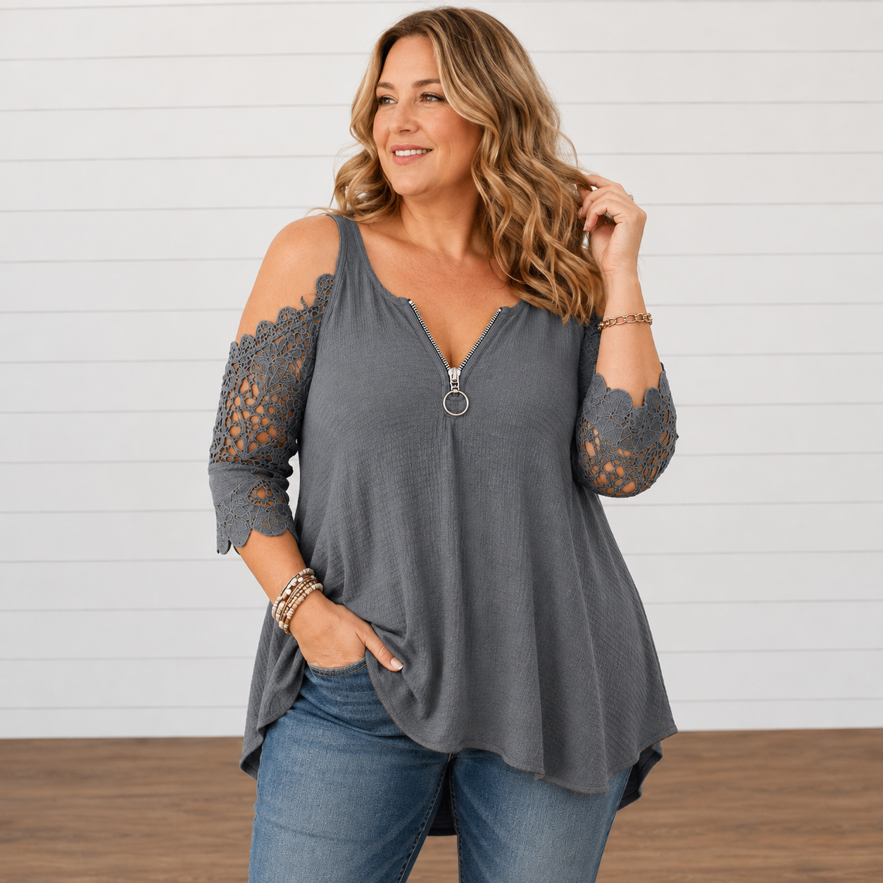 Brooklyn™ | Elegant Tummy-Flattering Lace Off-Shoulder Top with Zip