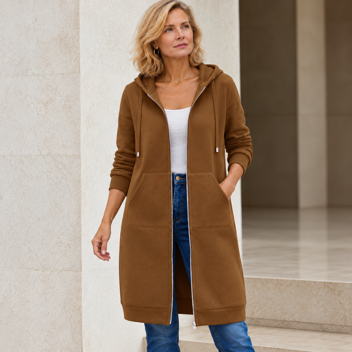 Donna™ | Long Fleece Jacket with Hood and Zip