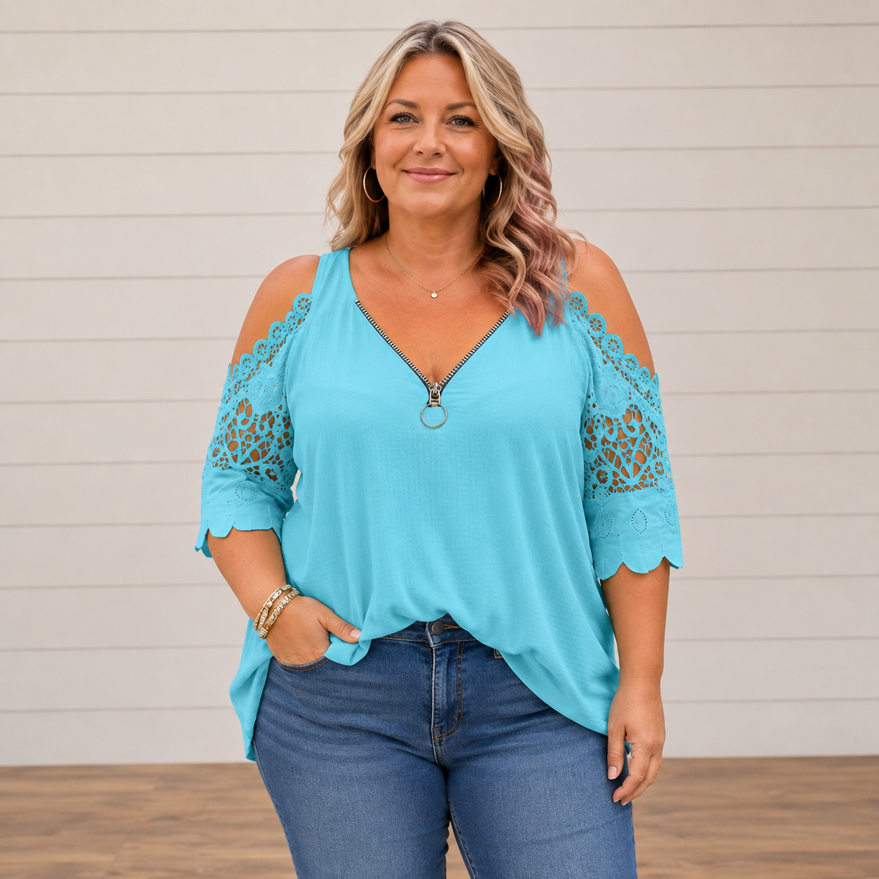 Brooklyn™ | Elegant Tummy-Flattering Lace Off-Shoulder Top with Zip