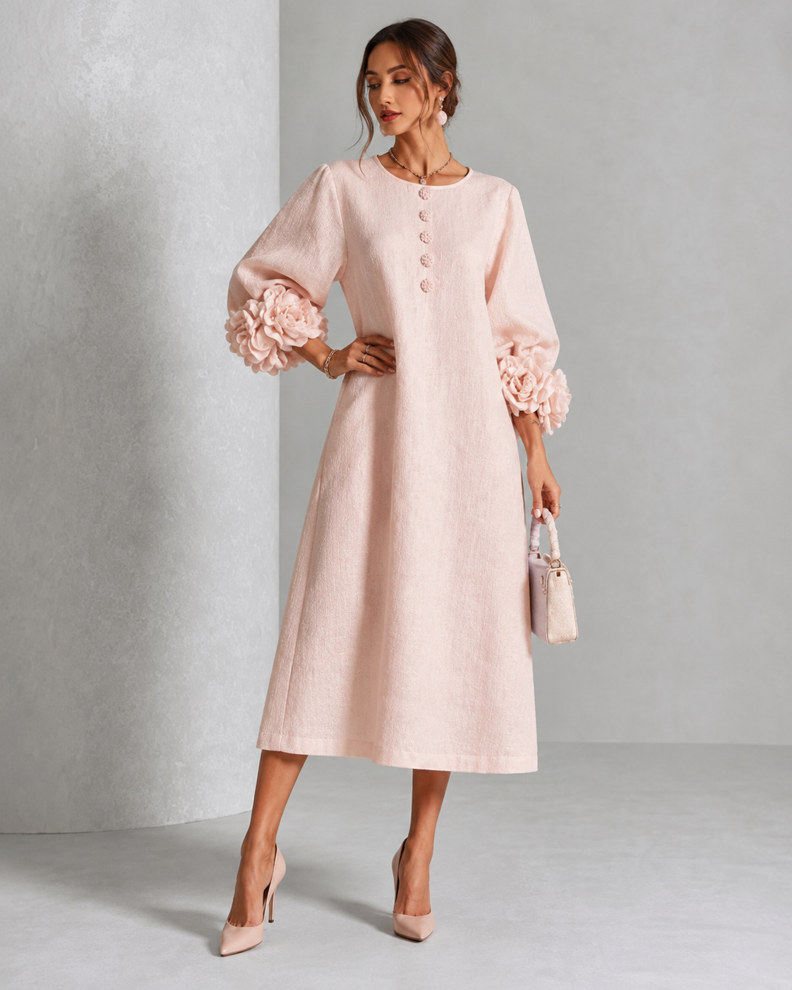 Lily™ | Elegant Tummy-Flattering Midi Dress with Floral Sleeves