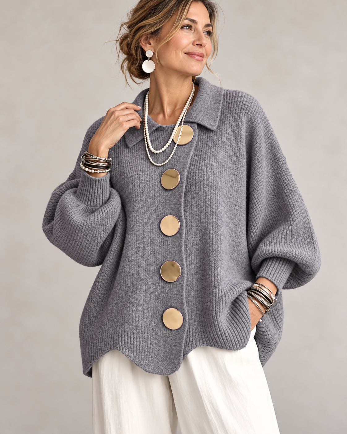 Brenda™ | Oversized Knit Cardigan with Collar and Statement Buttons