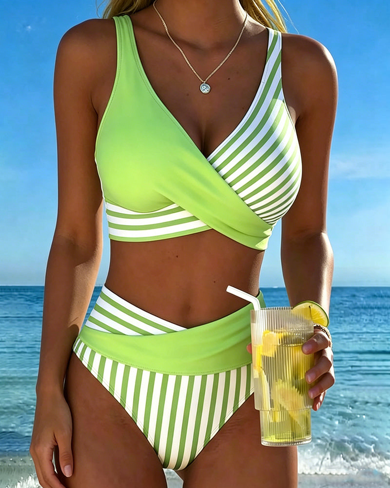 Striped Printed Cross Bikini