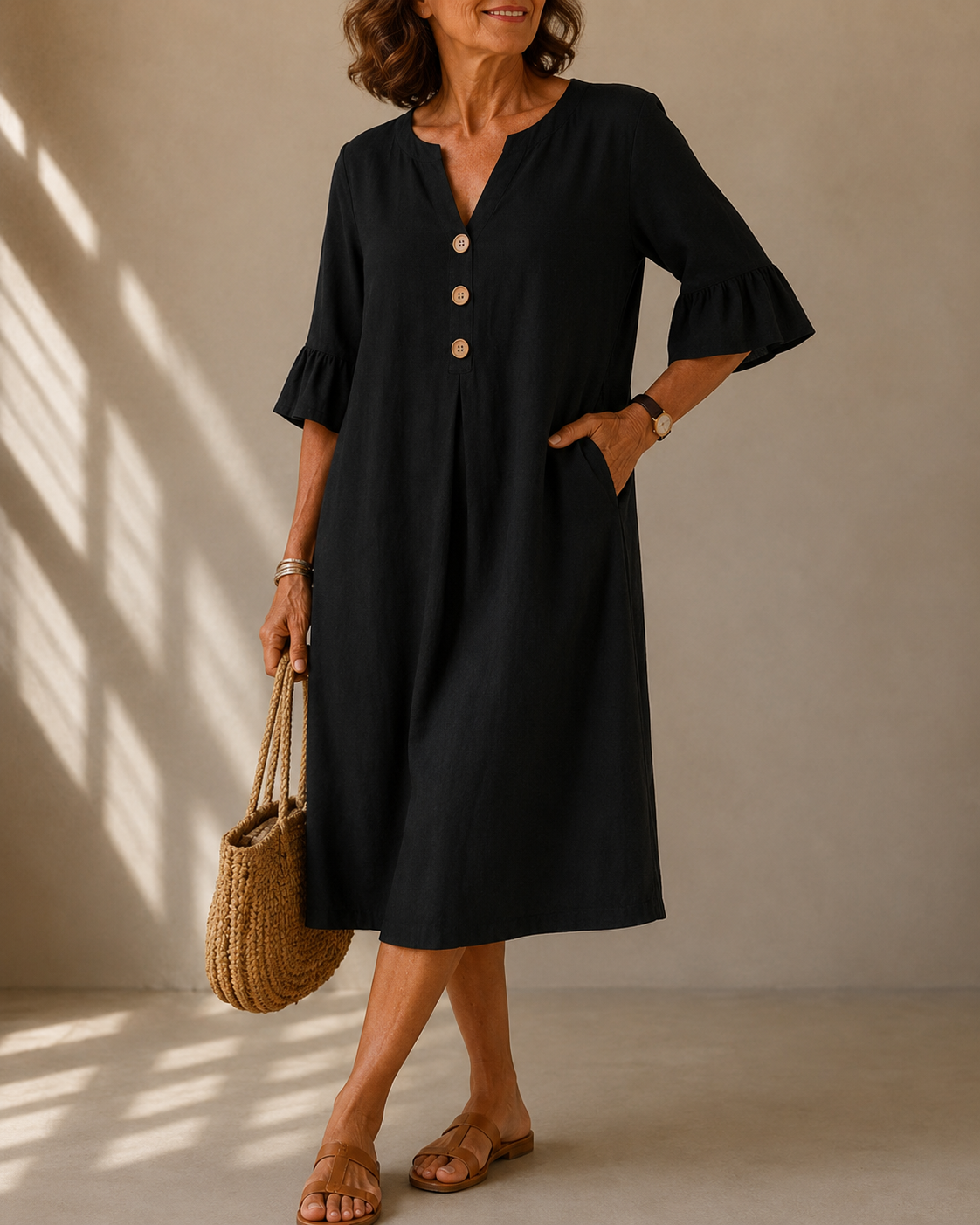 Leah™ | Tummy-Flattering Midi Dress with Buttons