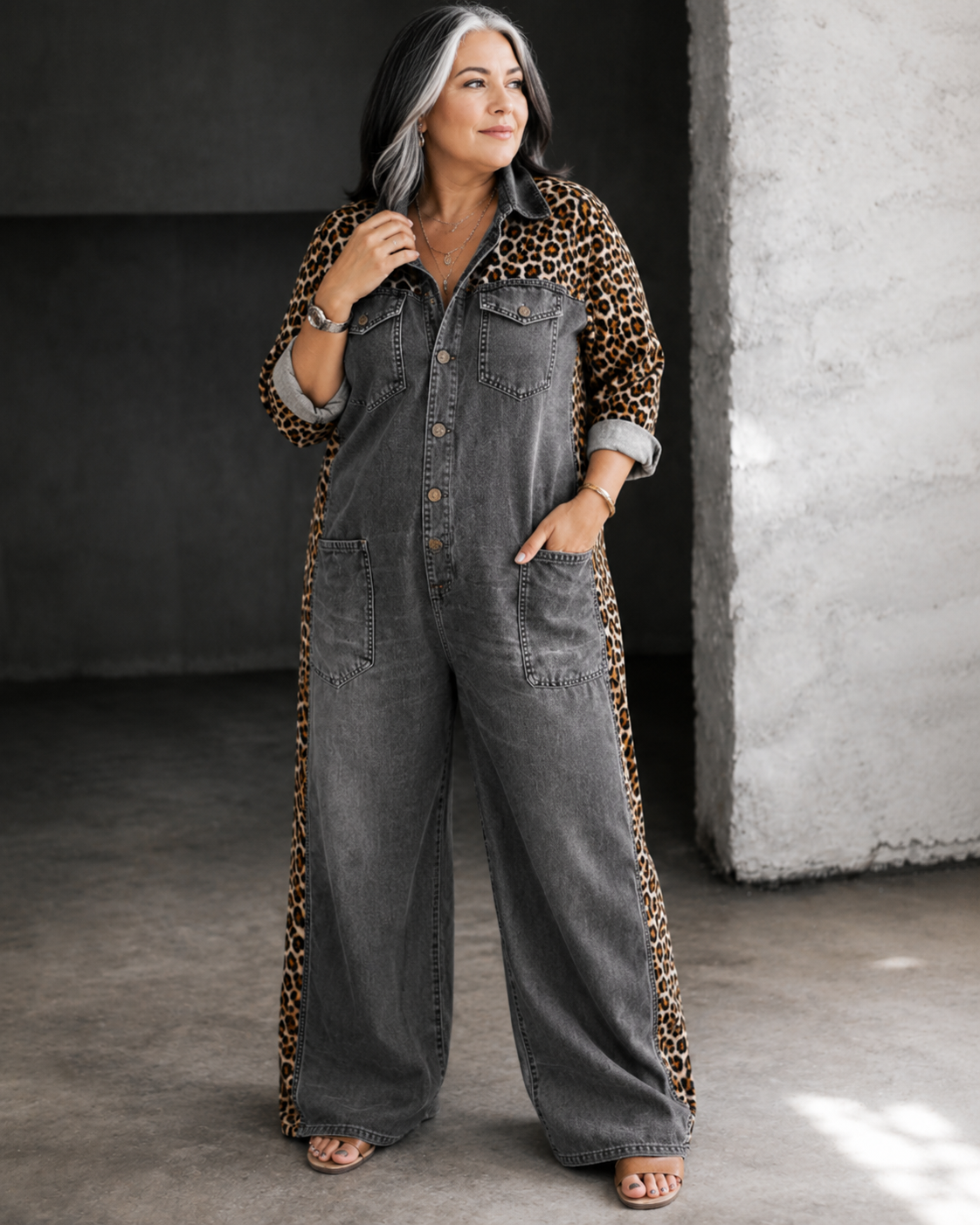 Aven™ | Denim-Look Jumpsuit With Leopard Print